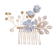 Hårkam: Smuk hårkam blå/guld blomster med sten og perler, mellemstørrelse 